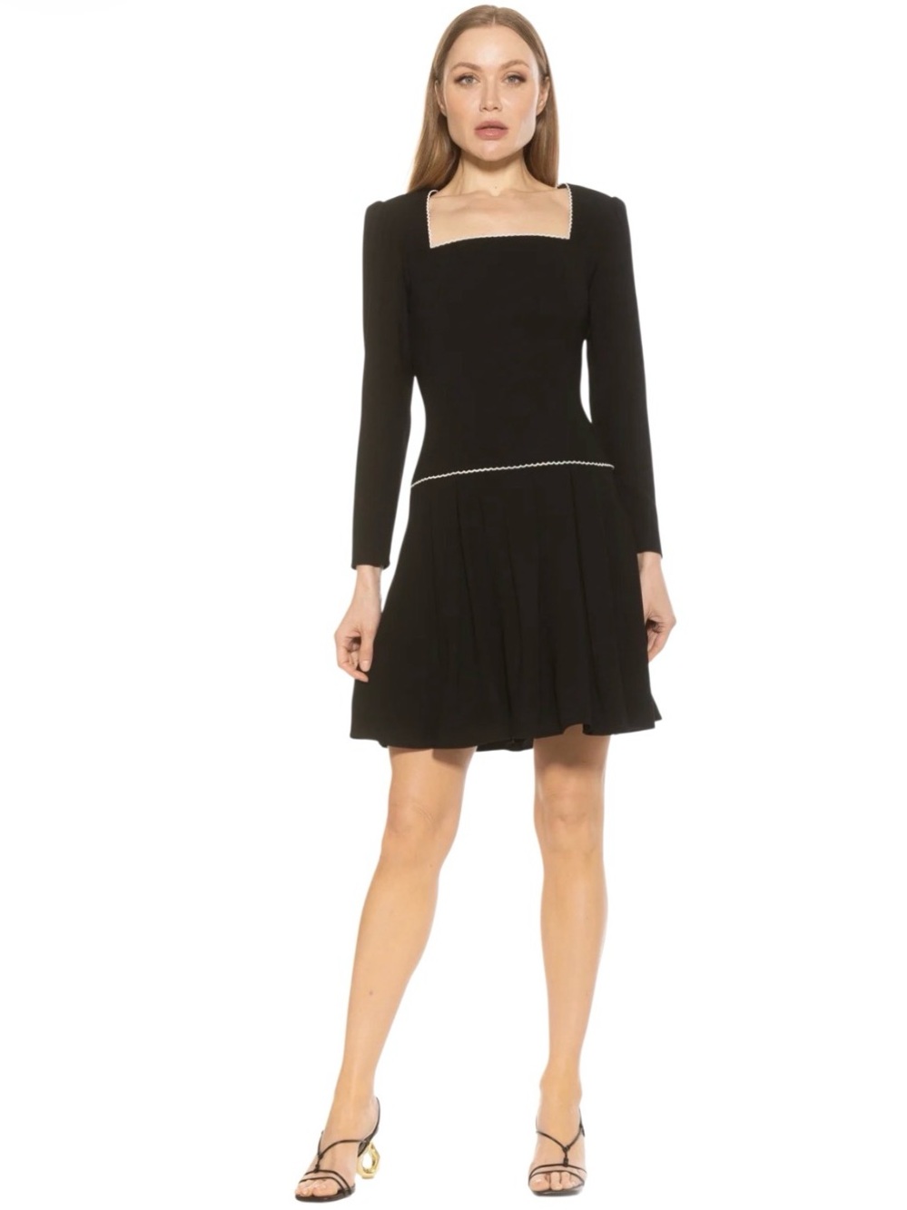 Alexia Admor Black Long-Sleeve Square-Neck Dress w/White Scallop Trim Size 14